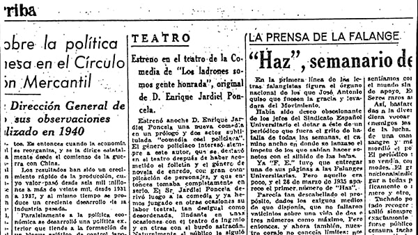 Fig. 1: “Estreno en el teatro de la Comedia de <em>Los ladrones somos gente honrada</em>”, por Antonio de Obregón. (<em>Arriba</em>, 26-04-1941).