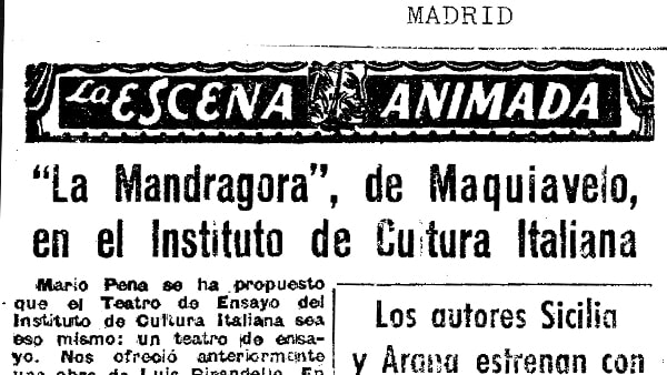Fig. 8: “<em>La Mandrágora</em>, de Maquiavelo, en el Instituto Italiano de Cultura”, por José Antonio Bayona. <em>Pueblo</em>, 29 de noviembre de 1949.