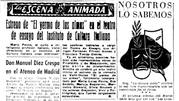 Fig. 9: “Estreno de <em>El yermo de las almas</em> en el Instituto Italiano de Cultura”, <em>Pueblo</em>, 7 de febrero de 1950.
