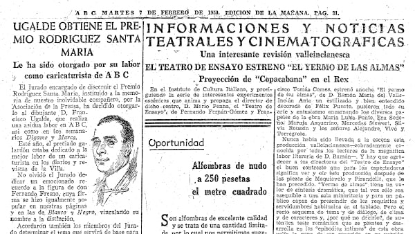 Fig. 10: “El Teatro de Ensayo estrenó <em>El yermo de las almas</em>”, por Alfredo Marqueríe. <em>ABC</em>, 7 de febrero de 1950.