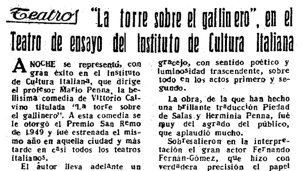 Fig. 12: “<em>La torre sobre el gallinero</em>, en el Teatro de Ensayo del Instituto de Cultura Italiana”, <em>Arriba</em>, 2 de mayo de 1950.