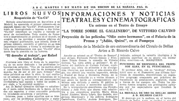 Fig. 13: “<em>La torre sobre el gallinero</em>, de Vittorio Calvino”, <em>ABC</em>, 2 de mayo de 1950.