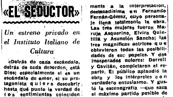 Fig. 16: “<em>El seductor</em>. Un estreno privado en el Instituto Italiano de Cultura”, por Eduardo Haro Tecglen. <em>Informaciones</em>, 13 de marzo de 1952.