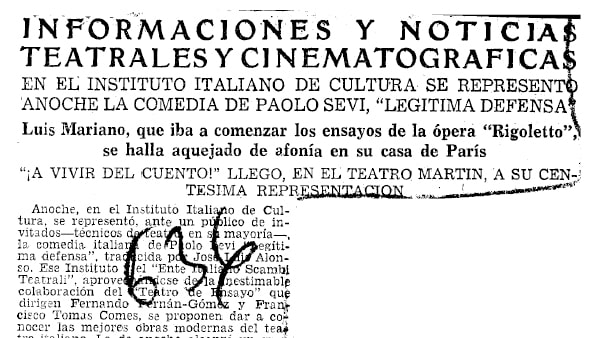 Fig. 19: “En el Instituto Italiano de Cultura se representó anoche la comedia de Paolo Sevi <em>Legítima defensa</em>”, <em>ABC</em>, 23 de abril de 1952.