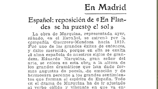 Fig. 8: “Español: Reposición de <em>En Flandes se ha puesto el sol</em>”, <em>ABC</em>, 30 de abril de 1939.