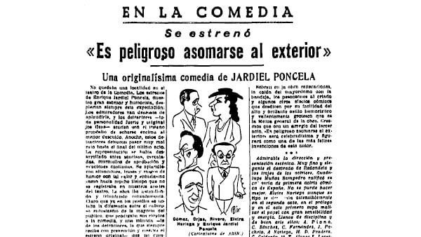 Fig. 15: “En La Comedia se estrenó <em>Es peligroso asomarse al exterior</em>. Una originalísima comedia de Jardiel Poncela”. Por A. Marqueríe. <em>Informaciones</em>, 16 de abril de 1942.