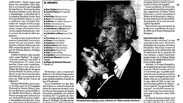 Fig. 15: “Fernán-Gómez inicia en Madrid los ensayos de <em>Morir cuerdo y vivir loco</em>”, por Rebeca Cartagena. <em>Heraldo de Aragón</em>, 8 de noviembre de 2003.