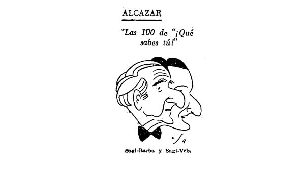 Fig. 6: Emilio Sagi-Barba y Luis Sagi-Vela. Caricatura publicada el 25 de mayo de 1944 en el periódico <em>Ya</em> con motivo de las 100 representaciones de <em>¡Qué sabes tú!, </em>estrenada en 1943. Dibujante: Usa.