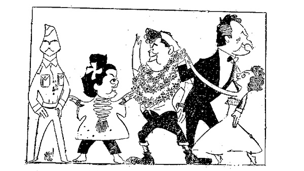 Fig. 10: Caricatura publicada en el periódico <em>ABC</em> el 26 de enero de 1955 con motivo del estreno de <em>Al sur del Pacífico</em> en el Teatro de la Zarzuela de Madrid. Dibujante: Ugalde.