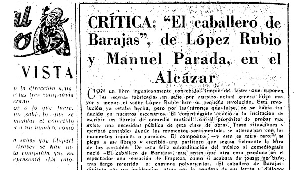 Fig. 15: “Crítica: <em>El caballero de Barajas</em>, de López Rubio y Manuel Parada, en el Alcázar”. Por Adolfo Prego. <em>Informaciones</em> (Madrid), 24 de septiembre de 1955.