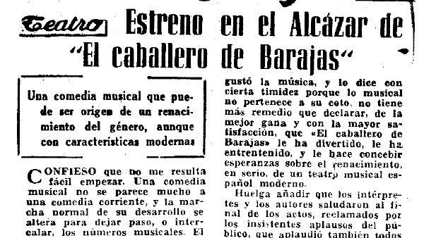 Fig. 16: “Estreno en el Alcázar de <em>El caballero de Barajas</em>”. Por Gonzalo Torrente Ballester. <em>Arriba</em> (Madrid), 24 de septiembre de 1955.