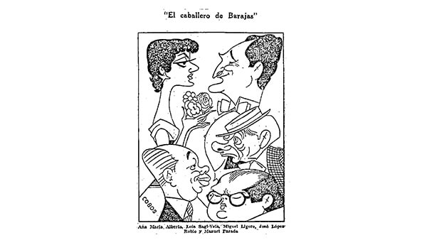 Fig. 21: Los protagonistas y los autores de <em>El caballero de Barajas</em> vistos por el dibujante Cobos. <em>Ya</em>, 24 de septiembre de 1955.