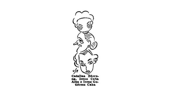 Fig. 18: Caricatura de Irene Gutiérrez Caba, Irene Caba Alba y Catalina Bárcena. Dibujante: Usa (<em>Ya</em>, 1 de octubre de 1950).