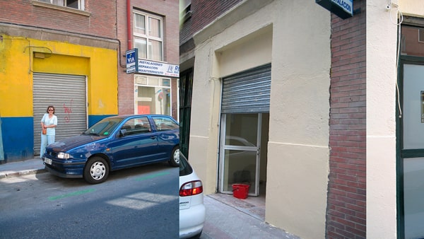 Fig. 8: Evolución de la oficina en la calle. En la primera foto Teresa Valentín antes de comenzar las obras. En la segunda, ya con la fachada pintada. En la tercera, detalle de cómo queda el vinilo en el cristal tras las obras.