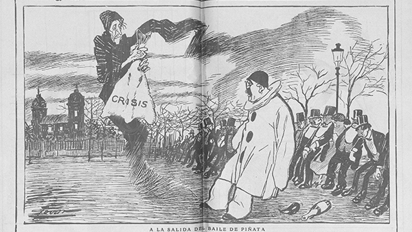Fig. 10: “A la salida del baile de piñata. El fantasma de la crisis, la temible visión de Pierrot y sus amigos” Gedeón, n.º 848 (25 de febrero de 1912). Biblioteca Virtual de Prensa Histórica (España).