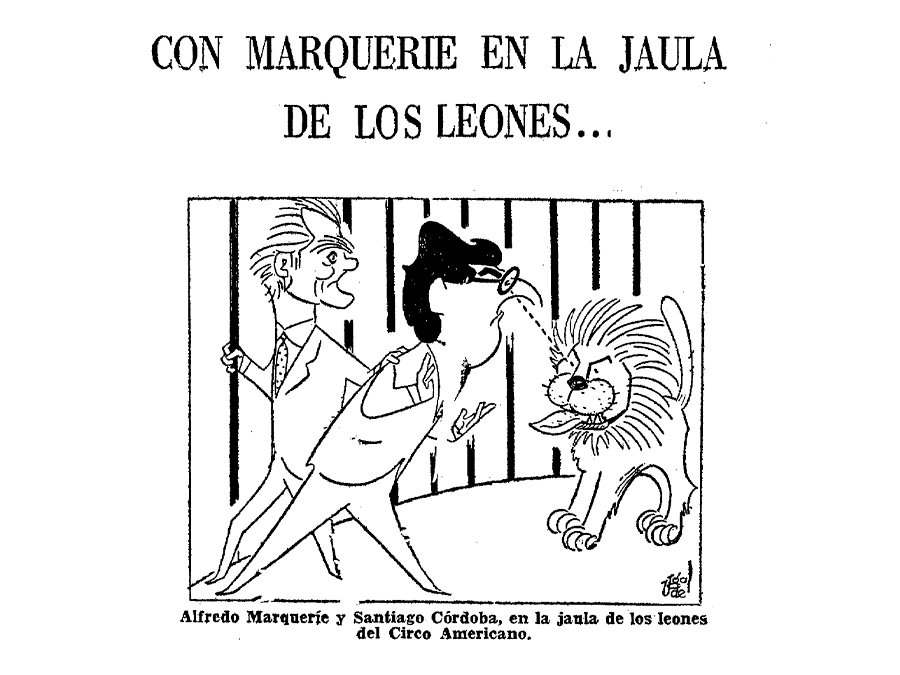 Fig. 9: Caricatura de Ugalde: “Alfredo Marqueríe y Santiago Córdoba en la jaula de los leones del Circo Americano”. ABC, 29 de junio de 1957. (Procedencia: CDAEM).