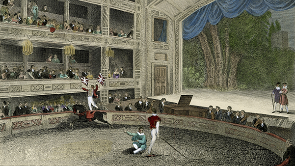 Fig. 4: Astley's Amphiteatre (interior y fachada). Grabado coloreado (Londres, s.f.). Archivo G. Matabosch - Col. Circus Arts Foundation, 26,8 x 36,4cm.