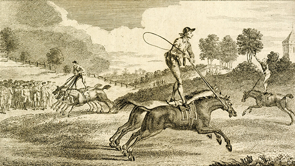 Fig. 11: Thomas Johnson, Standing on One, Two and Three Horses in full speed (Londres, 1758). Grabado. Archivo G. Matabosch - Col. Circus Arts Foundation, 20,9 x 13cm.
