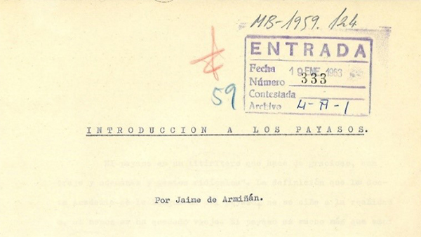 Fig. 58: Manuscrito de Los payasos, de Jaime de Armiñán. (Procedencia: Fundación Juan March).