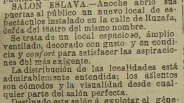 Fig. 3: Noticia en la prensa local valenciana de la apertura del Teatro Eslava.