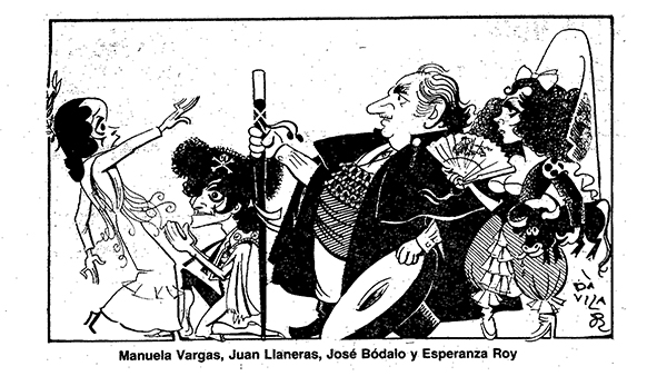 Fig. 12: Caricatura de Dávila, a partir del estreno de Coronada y el toro, de Francisco Nieva (Teatro María Guerrero, Madrid, 1982), publicada en ABC, 1-5-1982. Procedencia: CDAEM.