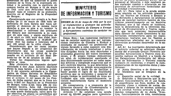 Fig 1: ORDEN de 25 de mayo de 1955 por la que se reglamentan y protegen las actividades de los Teatros de Cámara o Ensayo y Agrupaciones escénicas de carácter no profesional.