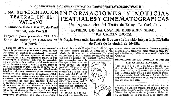 Fig 8: Crítica de La casa de Bernarda Alba representada por La Carátula, por Alfredo Marqueríe (ABC, 22 de marzo de 1950).