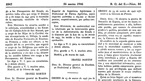 Fig 12: ORDEN de 23 de marzo de 1946 referente a la Censura de Prensa.
