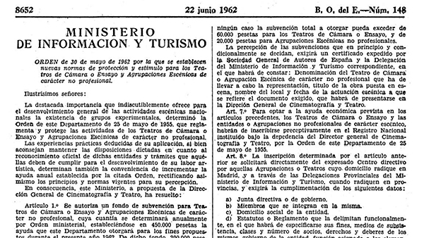 Fig 13: ORDEN de 30 de mayo de 1962 por la que se establecen nuevas normas de protección y estímulo para los Teatros de Cámara o Ensayo y Agrupaciones Escénica de carácter no profesional