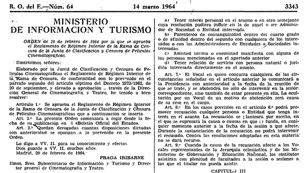 Fig 14: ORDEN de 20 de febrero de 1964 por la que se aprueba el Reglamento de Régimen Interior de la Rama de Censura de la Junta de Clasificación y Censura de Películas Cinematográficas.