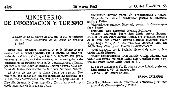 Fig 15: ORDEN de 26 de febrero de 1963 por la que se designan los miembros integrantes de la Junta de Censura Teatral.