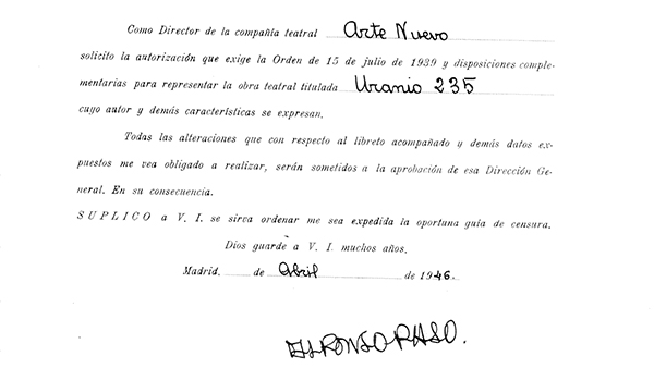 Fig 18: Instancia presentada ante la Junta de Censura solicitando la autorización de Uranio 235, por el grupo Arte Nuevo. (Procedencia: AGA). 