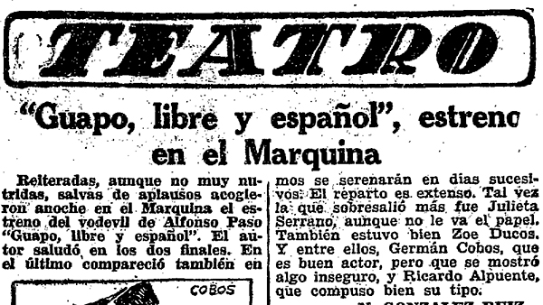 Fig. 21: “Guapo, libre y español. Estreno en el Marquina”. <em>Ya</em>, 14 de mayo de 1964.