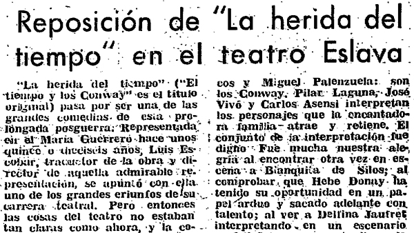 Fig. 9: “Reposición de <em>La herida del tiempo</em> en el Teatro Eslava”. <em>Arriba</em>, 16 de marzo 1960.